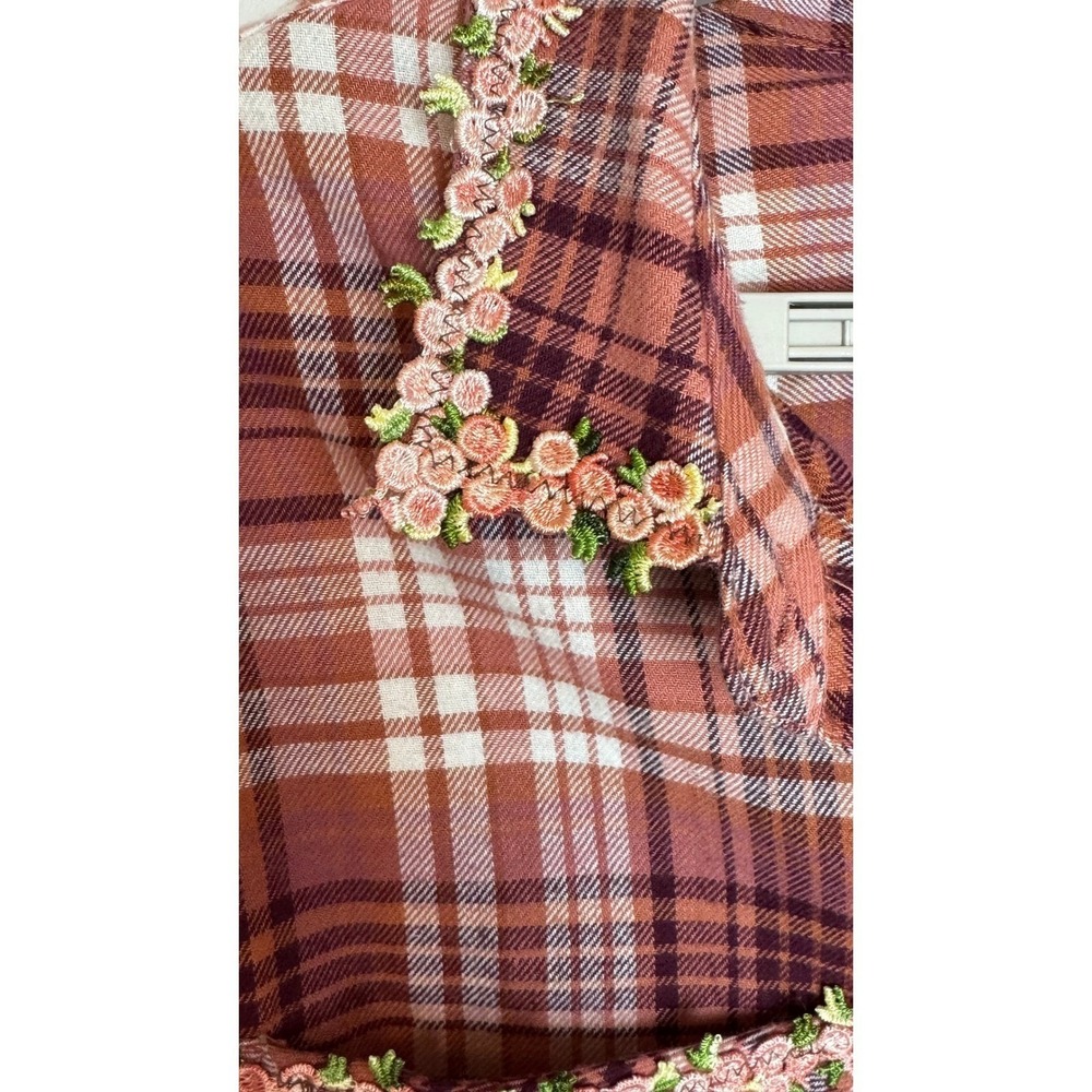 women's 100% Organic Cotton Plaid Shirt 3X Pink Floral Embroidery - Picture 4 of 9